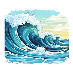 Glittering ocean waves roll onto the sandy shore in cartoon style