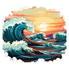 Glittering ocean waves roll onto the sandy shore in cartoon style