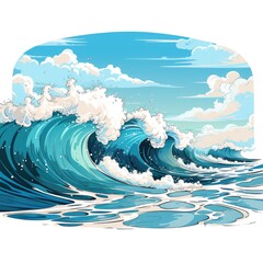 Glittering ocean waves roll onto the sandy shore in cartoon style