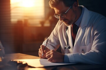 Doctor taking notes in his office and writes prescriptions for his patients and make medical diagnosis