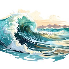 Glittering ocean waves roll onto the sandy shore in cartoon style