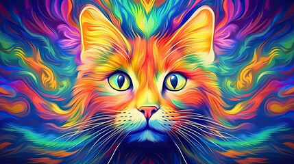 Psychic Waves: Aus der Fantasie in einer verträumten und spirituellen Erscheinung entstandene Visualisierung in Form einer farbenfrohen Katze - obrazy, fototapety, plakaty