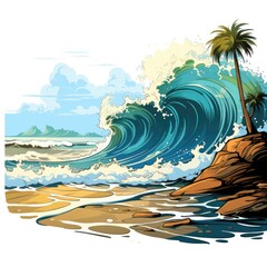 Glittering ocean waves roll onto the sandy shore in cartoon style