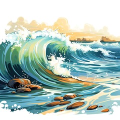 Glittering ocean waves roll onto the sandy shore in cartoon style