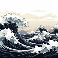 Glittering ocean waves roll onto the sandy shore in cartoon style
