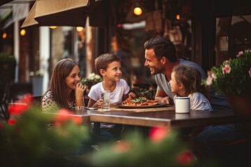 A happy family enjoys a delightful outdoor dinner together, savoring pizza and creating cherished memories. - Powered by Adobe