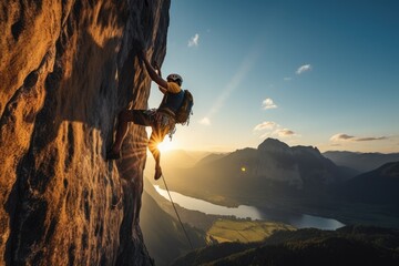 A lone rock climber braves the heights of a challenging mountain, finding strength, balance, and courage in the face of danger to reach the breathtaking summit at sunset. - obrazy, fototapety, plakaty