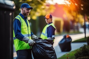 A group of cheerful volunteers, young and old, works together to clean up the environment, collecting trash and recycling materials.