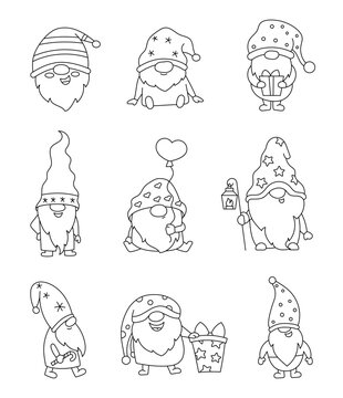 Cute Christmas gnome. Coloring Page. Merry New Year holiday. Vector drawing. Collection of design elements.