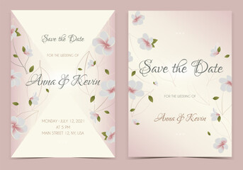 Elegant pink wedding invitation template with blossom flowers and leaves