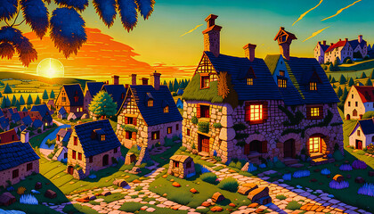 Enchanted Realm: Colorful Cottages in a Fairytale Land. Generative AI.
