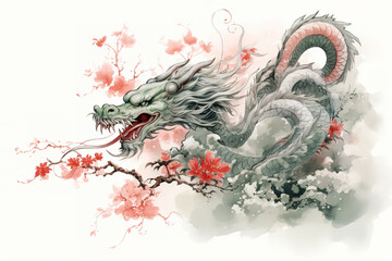 Image of dragon with pink cherry blossoms in ancient chinese style. Wildlife Animals. Nature. Illustration, Generative AI. - obrazy, fototapety, plakaty