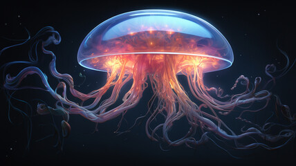 Glowing jellyfish in the dark sea