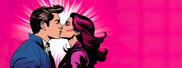 Foto auf Acrylglas Brown haired woman and man kissing on a pink pop-art retro style background. Passionate kiss of in vintage, romantic and vibrant pop cartoon of love, emotion and passion. Lovers, Valentine. © Caphira Lescante