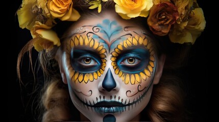 Obraz premium Festive make-up of a Mexican woman. Day of the Dead, Halloween. Concept of Katrina