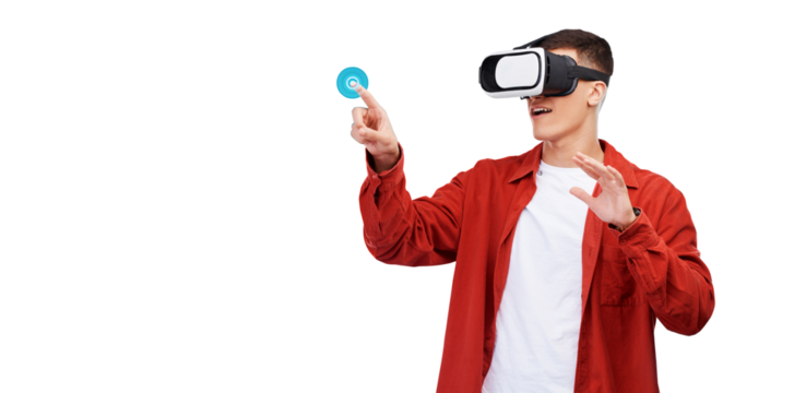 Man, press and VR or futuristic glasses for online education, 3d learning or gaming in metaverse. Student or gamer in virtual reality, touch glow and hologram isolated on transparent png background