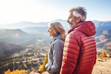 Mature couple traveling, gazing at a breathtaking view from a mountaintop
