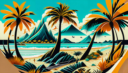 Fototapeta na wymiar Vacation Postcard with Palms and the Ocean. Generative AI.