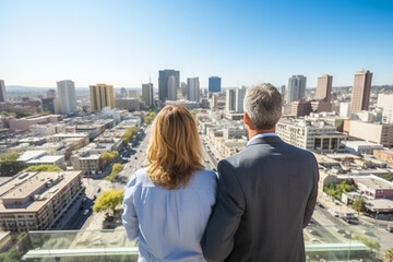 Fototapeta na wymiar Mature couple traveling, taking in the expansive urban cityscape from a high vantage point