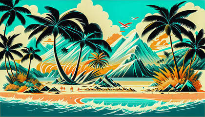 Fototapeta na wymiar Vacation Postcard with Palms and the Ocean. Generative AI.