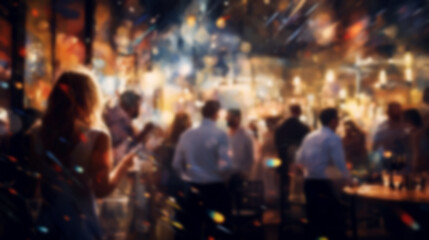 blur people in party celebration at nightclub with festive lighting background. relaxation and enjoyable lifestyle event concept. generative AI - obrazy, fototapety, plakaty
