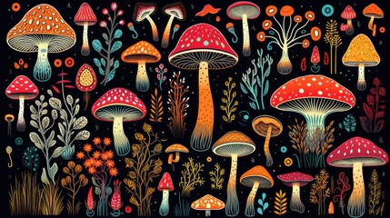 Various mystical mushrooms, Psychedelic background, autumn forest