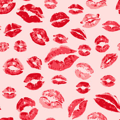 Female red lipstick kiss romantic seamless pattern. Women lips prints, vector illustration on pink background . Quality trace of real imprints texture for fashion design cloth and wrapping paper. - obrazy, fototapety, plakaty