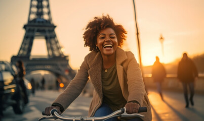 Cheerful Happy young black woman riding bicycle in Paris  - obrazy, fototapety, plakaty