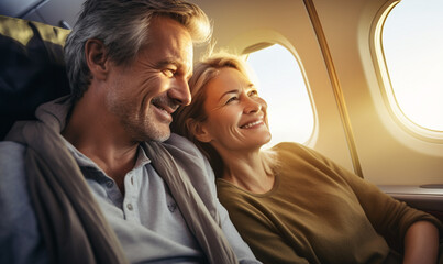 Happy smiling aged couple is flying in an airplane in first class, travel relax and recharge