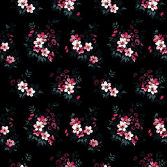 Vintage seamless floral pattern. Night background of small flowers.  Small white and pink flowers scattered over a black background. Stock vector for printing on surfaces and web design.