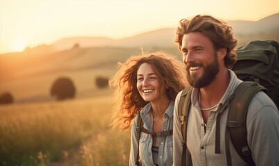 Happy couple, Man and Woman traveler enjoys with backpack hiking in mountains. Travel, adventure, relax, recharge concept.	