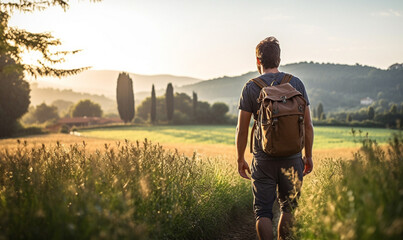 Male hiker traveling, walking alone Italian Tuscan Landscape view  - obrazy, fototapety, plakaty