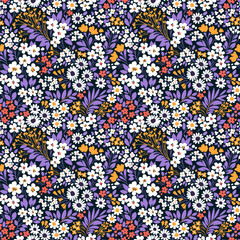 Obraz premium Ditsy floral pattern. Pretty flowers on black background. Printing with small whit, yellow and lilac flowers. Cute print. Seamless vector texture. Stock vector. Printing on surfaces. Abstract flowers.
