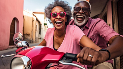 Fototapeta na wymiar Happy retired senior couple on scooter. Fun travel explore activity