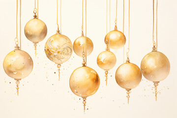 Fine pastel Watercolor Christmas Card Art of hanging golden Christmas Baubles, made with Generative AI (Midjourney)