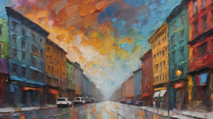 Fototapeta premium Oil painting of a city street with colorful houses in bright but soft colors. City landscape illustration. Wallpaper image. AI generation.