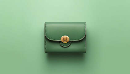 Green purse wallet mockup banner. Leather fashion women handle mini bag isolated. Mint color background with Copy Space. Front view of lady wallet bag. Women's casual green purse isolated. Accessories