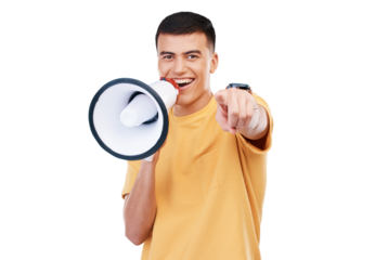 Young man, megaphone and pointing you in announcement, broadcast or join us for winning opportunity. Face of person with winner choice, competition or decision isolated on transparent png background