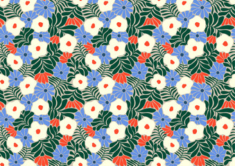 Vector seamless pattern. Pretty pattern in small flowers. Small white and blue flowers. Gray background. Trendy floral background. Retro template for fashion prints. Stock vector.