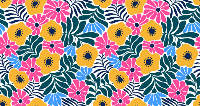 Seamless pattern  with abstract flowers. Summer abstract floral textile vintage print. Retro hippie floral pattern. Trendy background in 70s style. Groovy cartoon flat vector art illustration. 