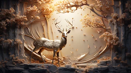 Fotobehang interior mural painting wall art decor wallpaper for home living room. 3d modern stereo stag deer animal with forest wall © Papilouz Studio
