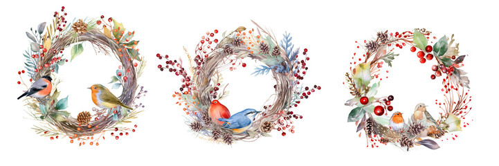 Watercolor Christmas wreath with birds and berries.  Generative AI.