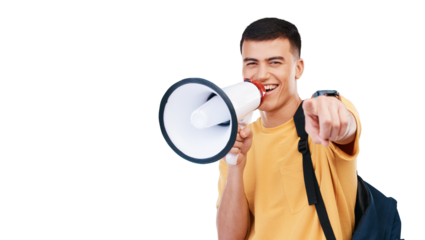 Student, man and megaphone for winner choice in announcement, broadcast or join us for opportunity. Face of young person pointing you for education and school isolated on transparent png background