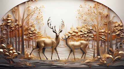 interior mural painting wall art decor wallpaper for home living room. 3d modern stereo stag deer animal with forest wall - obrazy, fototapety, plakaty