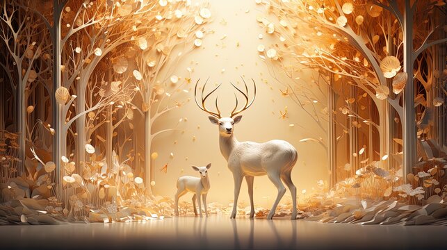 interior mural painting wall art decor wallpaper for home living room. 3d modern stereo stag deer animal with forest wall