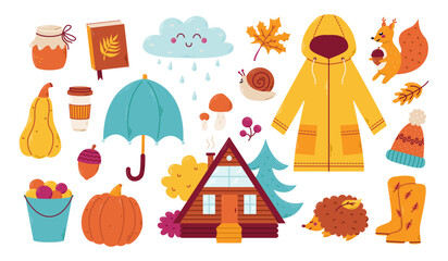 Set of cozy autumn elements. Pumpkin, harvest, umbrella. Vector hand drawn illustration