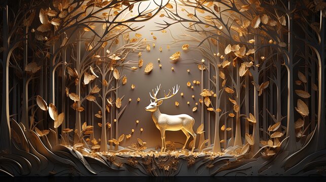Abstract modern 3d interior mural stag wall art dark and golden forest trees, deer animal wildlife with birds, golden light, and woods
