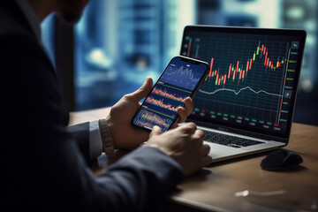 Business man trader investor analyst using mobile phone app analytics for cryptocurrency financial market analysis, trading data index chart graph on smartphone.