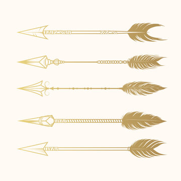 Golden set of tribal arrows in boho style. Vector design elements can be used for printing on t-shirts, covers and web design.