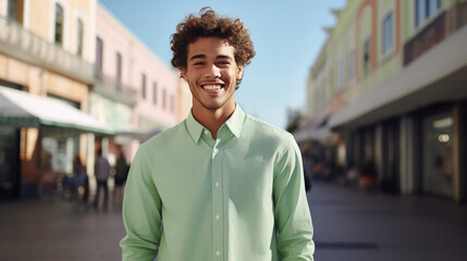 Portrait of young smiling handsome man with solid color cloth, Plaza shopping district background.